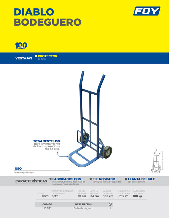 Diablo bodeguero capacidad 100 kg azul con llanta sólida Foy