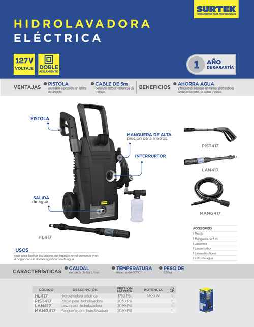 Lanza para hidrolavadora eléctrica HL417 Surtek