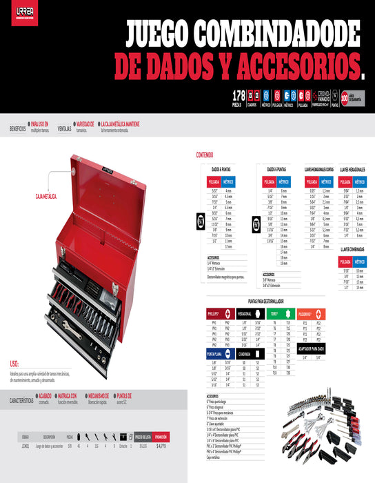 Juego combinado de herramienta 178 piezas, con caja metálica Urrea