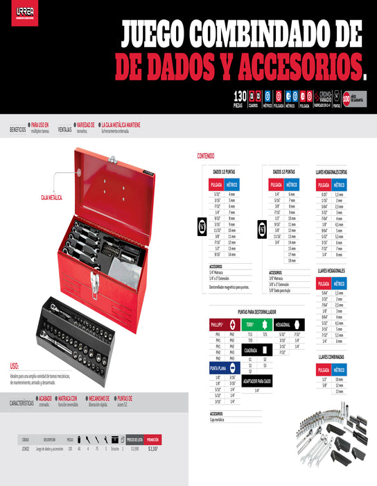 Juego combinado de herramienta 130 piezas, con caja metálica Urrea