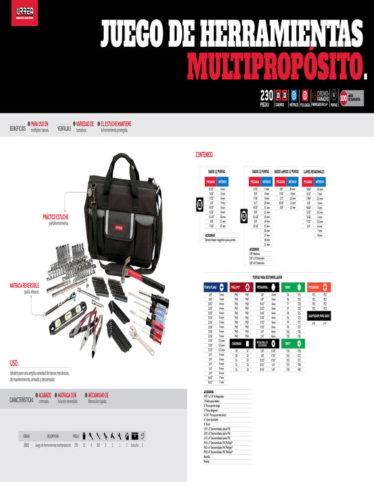 Juego combinado de herramientas 230 piezas, en estuche Urrea