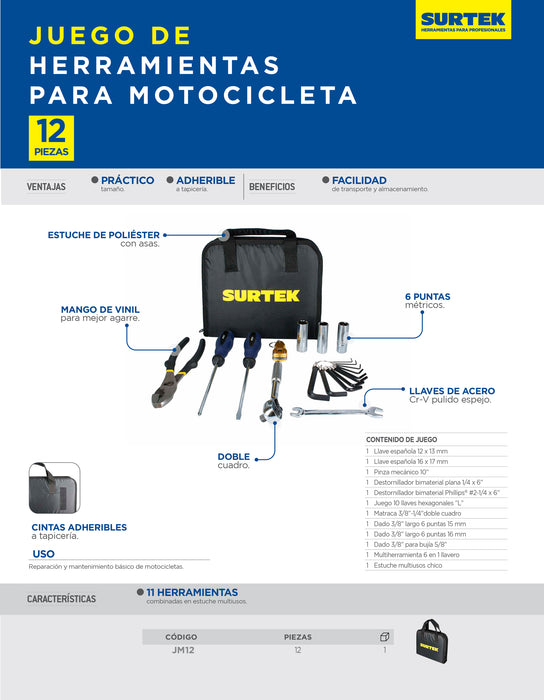 Juego combinado de herramienta para motocicleta 12 piezas, con estuche multiusos Surtek