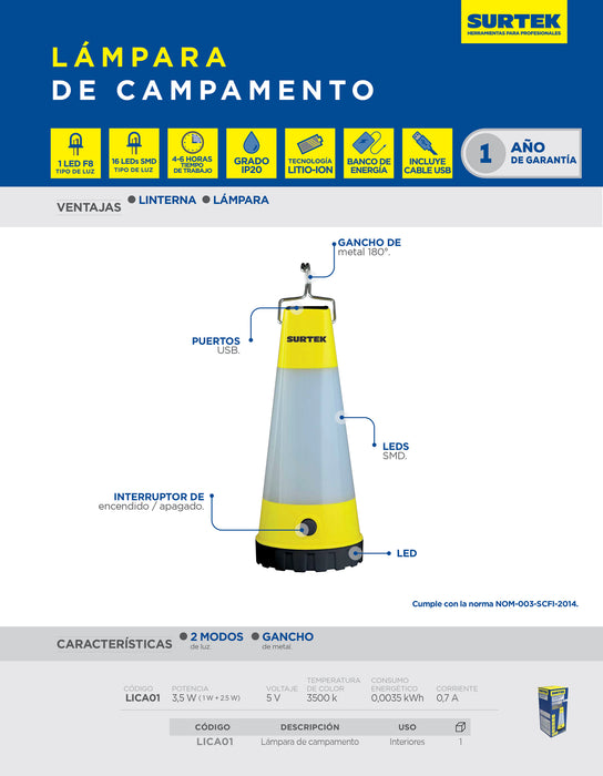Linterna de LED para campamento recargable de 180 lm Surtek