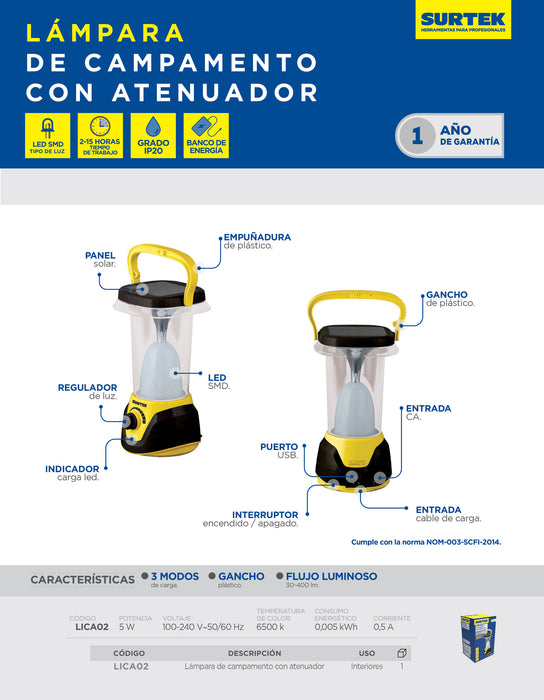 Linterna de LED para campamento recargable/solar de 400 lm Surtek