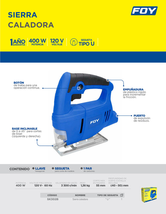 Sierra caladora 65 mm 400 W 120 V, 0 - 3,300 RPM Foy