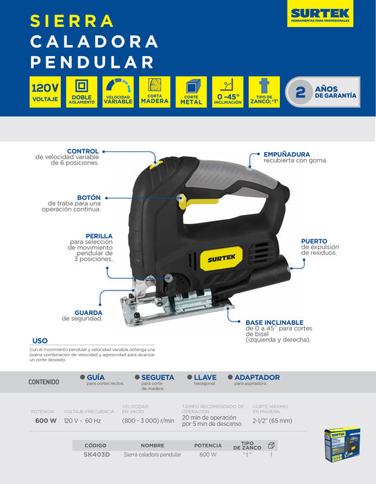 Sierra caladora 30 mm 600 W 120 V, 800 - 3,000 RPM Surtek