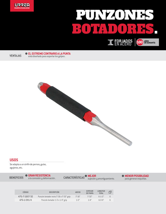 Punzón botador recto con grip 1/2", 1/4" Urrea