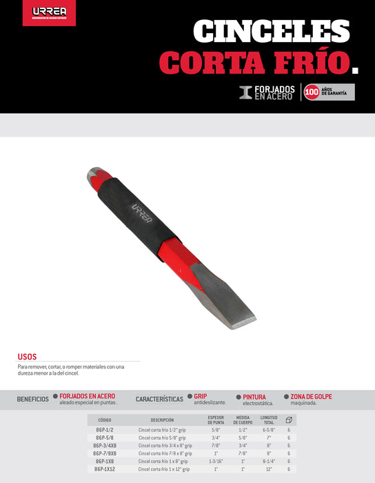 Cincel corta frío con grip 7/8", 8" Urrea