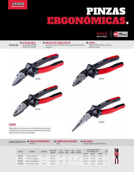 Pinza para electricista con mango bimaterial ergonómica con ángulo de 25° de 8-5/8" Urrea