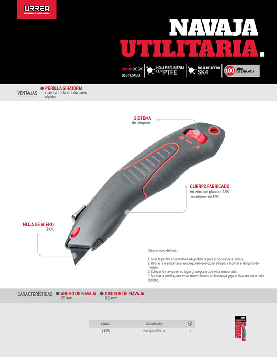 Navaja utilitaria retráctil curva de 7", hoja recubierta con PTFE Urrea