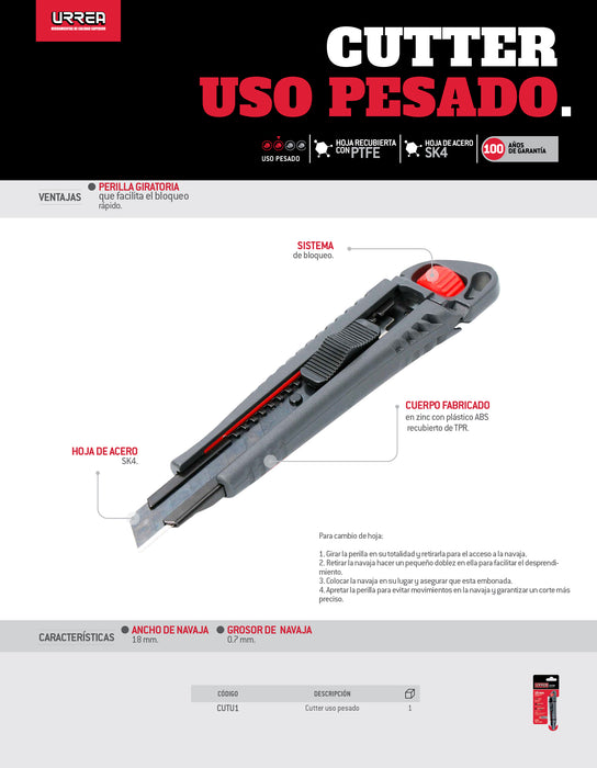 Cutter con cuerpo de acero de 18 mm, con hoja recubierta de PTFE Urrea