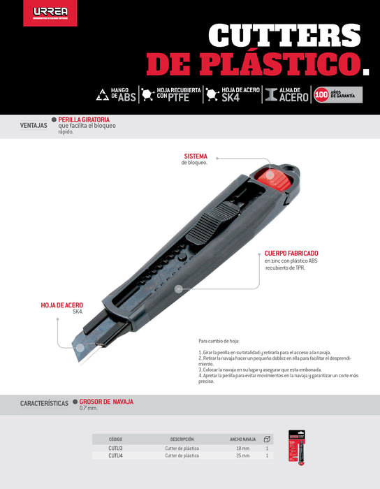 Cutter con cuerpo de plástico de 18 mm, con hoja recubierta de PTFE Urrea