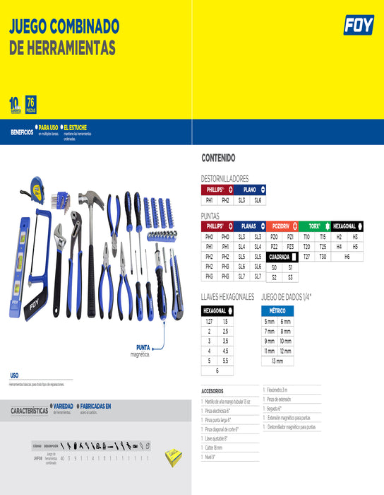 Juego combinado de herramienta 76 piezas, con estuche plástico Foy