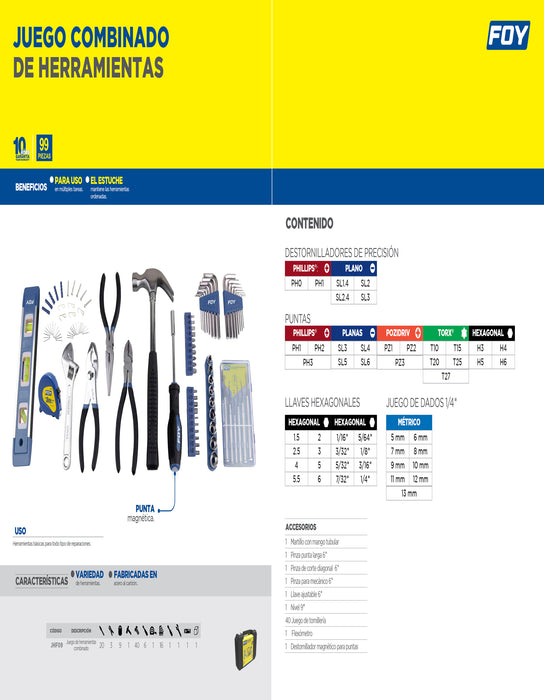 Juego combinado de herramienta 182 piezas, con maleta Foy