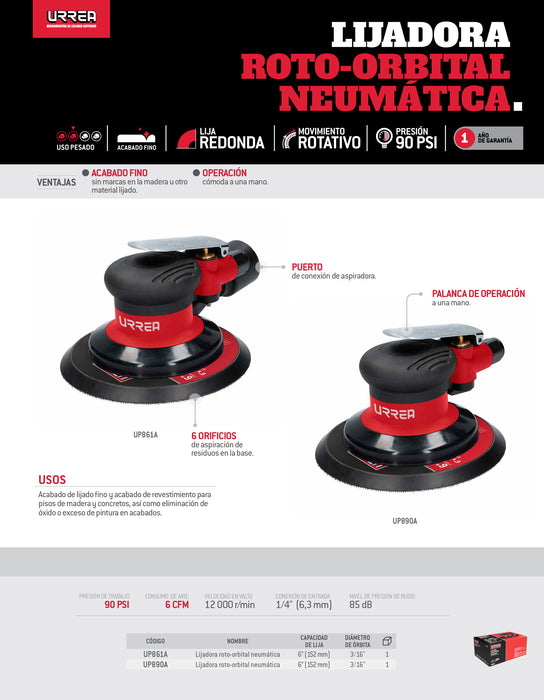 Lijadora neumática roto-orbital 6" 12,000RPM, eje de 5/16" Urrea