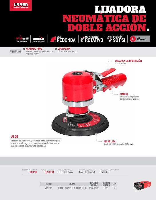 Lijadora neumática acción dual 6" 10,000RPM, eje de 5/16" Urrea