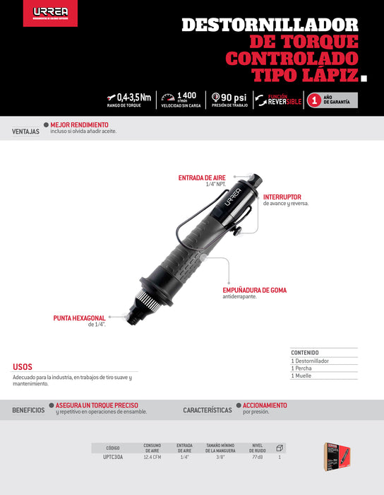 Destornillador neumático de torque controlado tipo lápiz de presión 1,400RPM Urrea