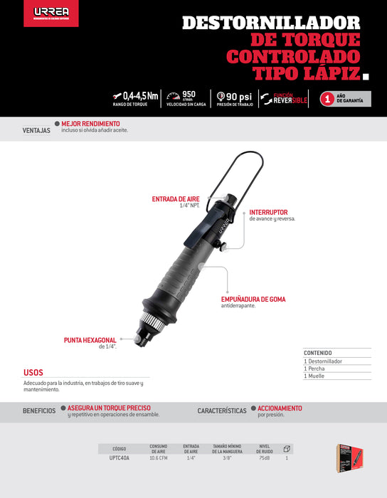 Destornillador neumático de torque controlado tipo lápiz con palanca 950RPM Urrea