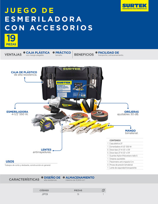 Juego combinado de herramienta con esmeriladora 19 piezas, con caja plástica Surtek