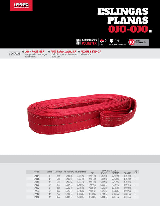 Eslinga de poliéster plana tipo ojo-ojo reforzada 4" x 3 m, 2 capas Urrea