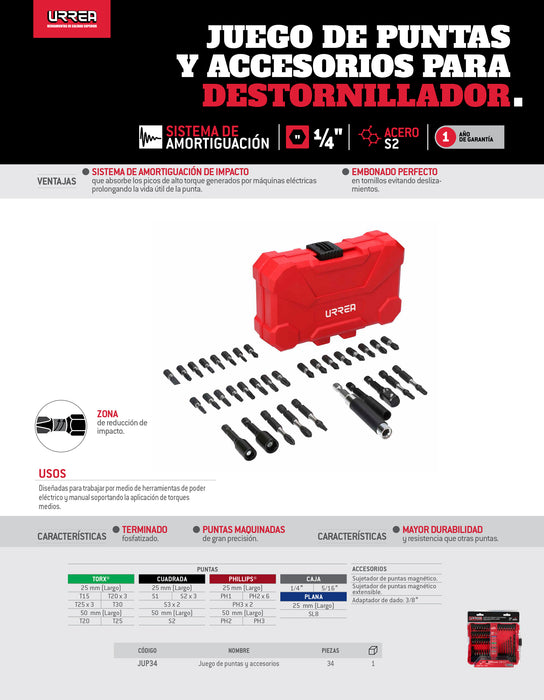 Juego de puntas y accesorios con sistema de amortiguación de impacto, 34 pz en estuche pls Urrea