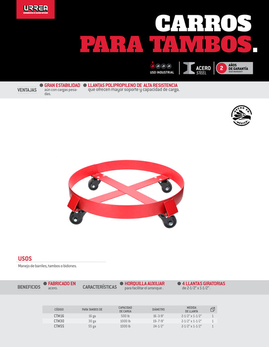 Carro para tambos de 30 gal, 1000 lb Urrea