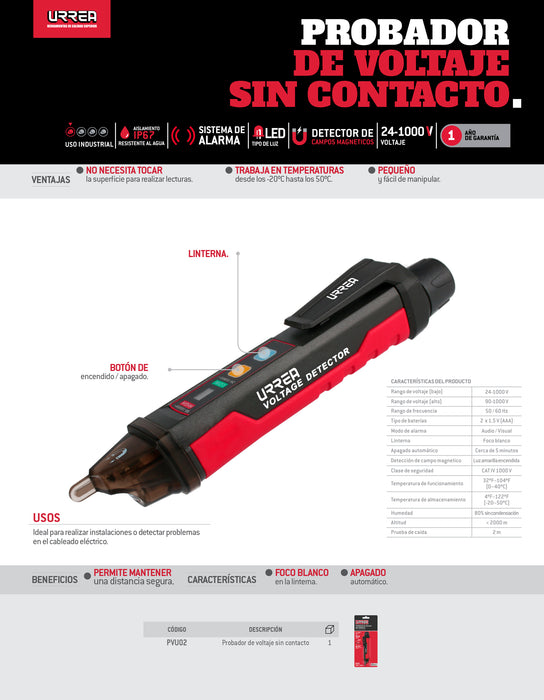 Probador de voltaje sin contacto 24 V a 1000 V con detector de campos magnéticos Urrea
