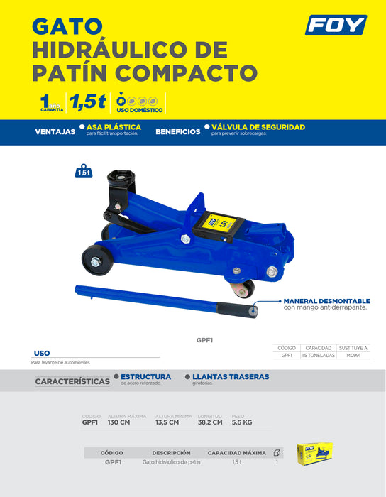 Gato hidráulico de patín compacto, 1.5 ton Foy