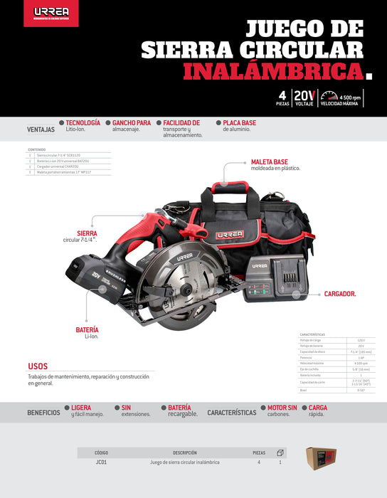 Juego de sierra circular a batería Li-ion 20 V, 4 piezas en maleta Urrea
