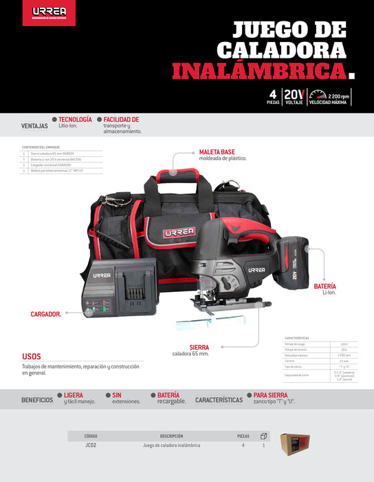 Juego de sierra caladora a batería Li-ion 20 V, 4 piezas en maleta Urrea