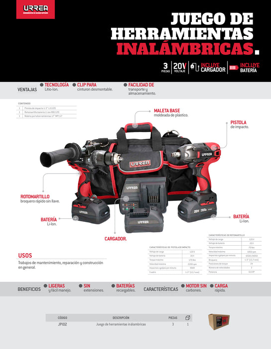 Juego de rotomartillo y pistola de impacto a batería Li-ion 20 V, 3 piezas Urrea
