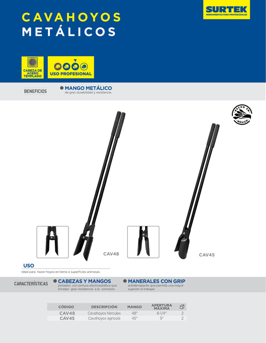 Cavahoyos con mango metálico 48", 6-1/2" Hércules Surtek