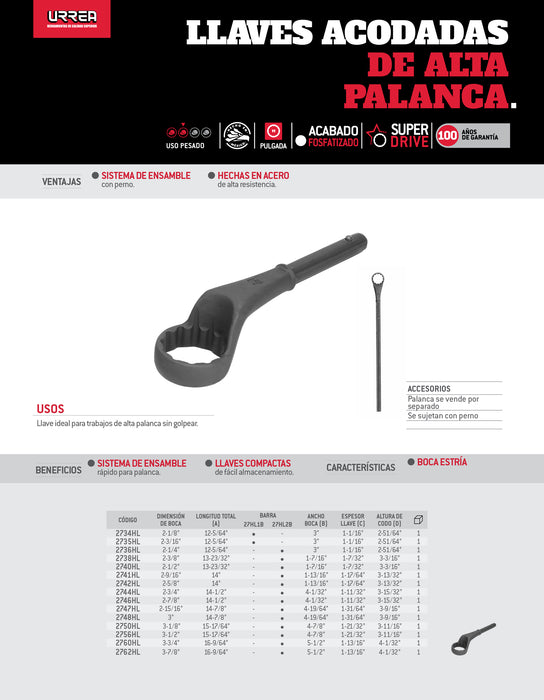 Llave acodada de alta palanca fosfatizada sin cola en pulgadas, 12 puntas, 2-3/8" Urrea