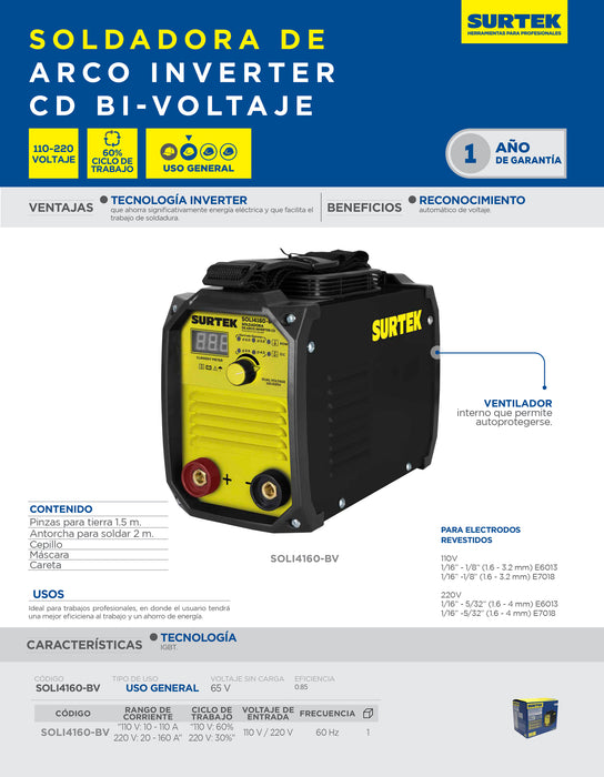 Soldadora inverter para electrodos de 1 fase bi voltaje 110 - 220 V, 160 A Surtek