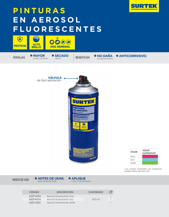 Pintura en aerosol 400 ml color rosa flourescente Surtek