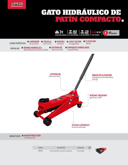 Gato hidráulico de patín compacto, 3 ton Urrea