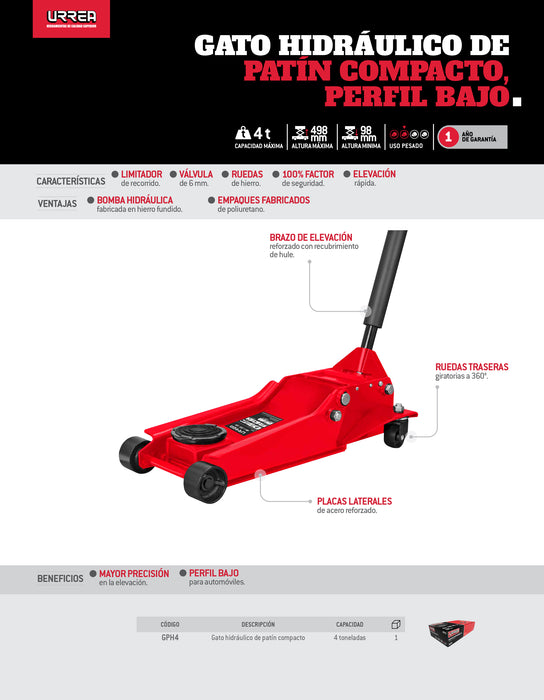 Gato hidráulico de patín compacto, 4 ton Urrea