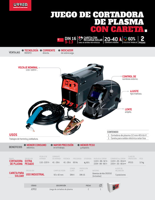 Juego de cortadora de plasma con careta, 2 piezas Urrea
