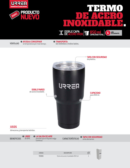 Termo de acero inoxidable negro 850 ml Urrea