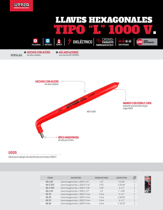 Llave hexagonal tipo L 1000 V en pulgadas de 5/32" Urrea
