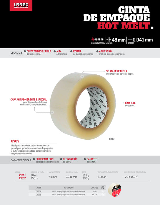 Cinta transparente hot melt para empacar 48 mm x 50 m Urrea
