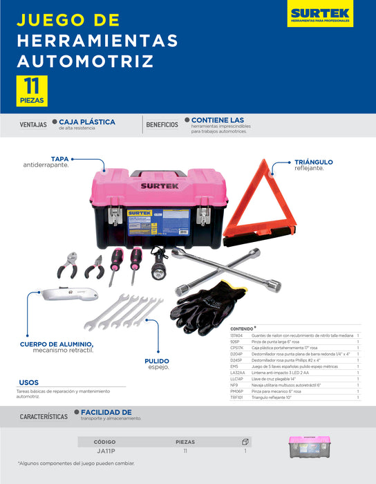 Juego combinado de herramienta automotriz 11 piezas, con caja plástica rosa Surtek