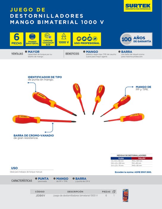 Juego de destornilladores con mango bimaterial 1000 V combinados, 6 piezas Surtek