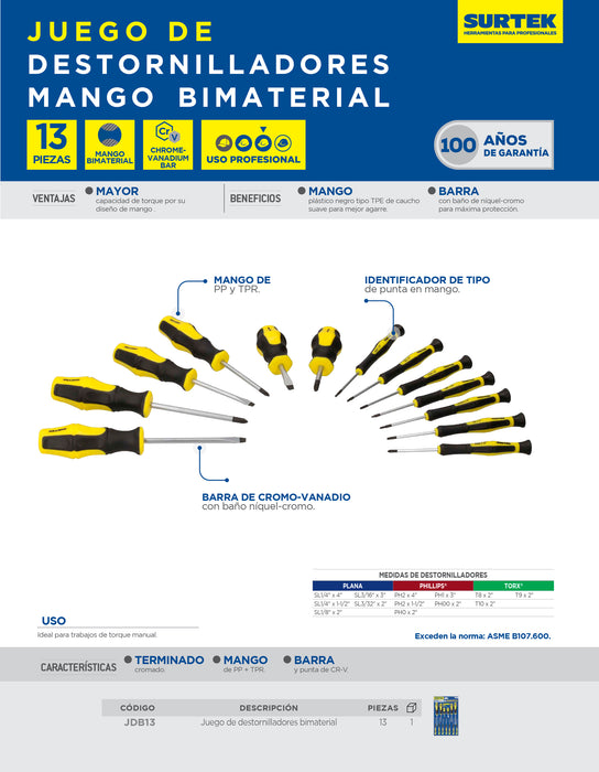 Juego de destornilladores con mango bimaterial combinados, 13 piezas en blíster Surtek