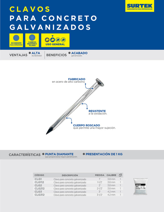 Clavo para concreto galvanizado 2", 1 kg Surtek