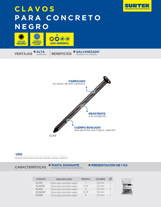 Clavo para concreto fosfatizado 1", 1 kg Surtek