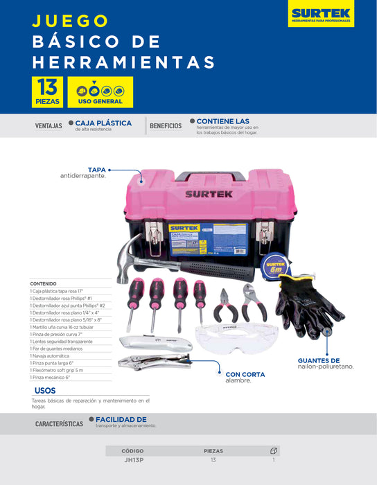 Juego combinado de herramienta para dama 13 piezas, con caja plástica Surtek