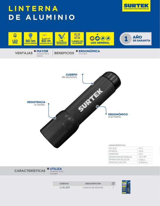 Linterna de LED cuerpo de aluminio a baterías de 80 lm Surtek