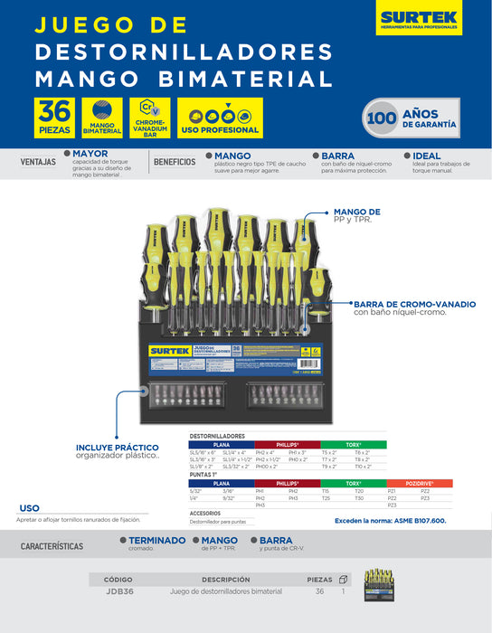 Juego de destornilladores con mango bimaterial combinados, 36 piezas en rack Surtek