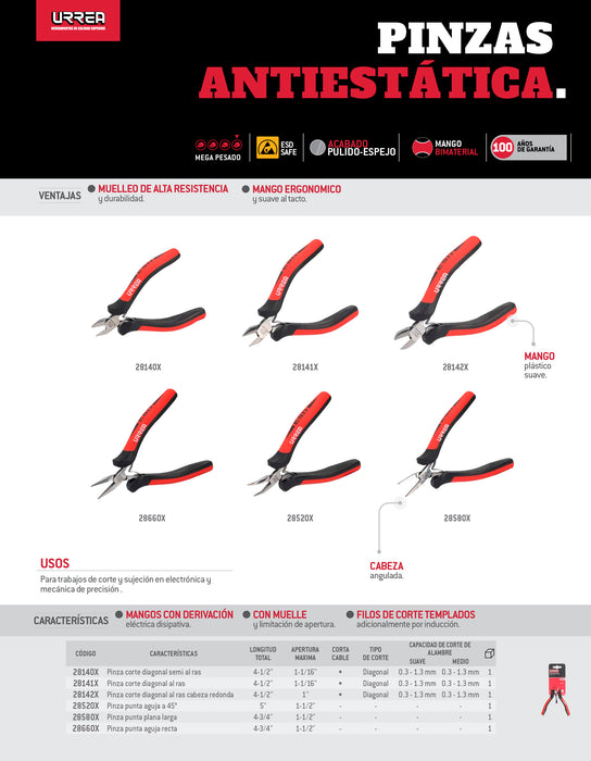 Pinza para electrónica con mango antiestático corte diagonal de 4-1/2" al ras Urrea